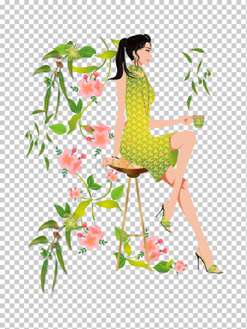 靠着茶叶鲜花上喝茶喝咖啡的美女矢量图插画素材