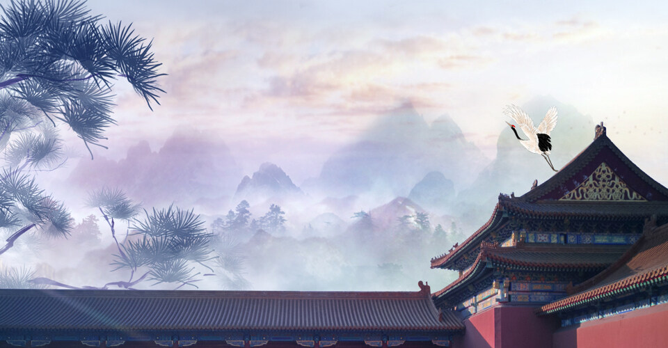 中国风水墨江山古代建筑古城古楼背景画