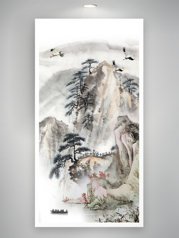 新中式手绘水墨山水风景玄关装饰画