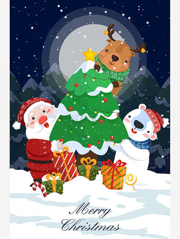 卡通清新圣诞节圣诞老人麋鹿冬夜雪景插画