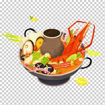手绘小青龙鲍鱼海参香菇酸汤火锅美食免抠元素