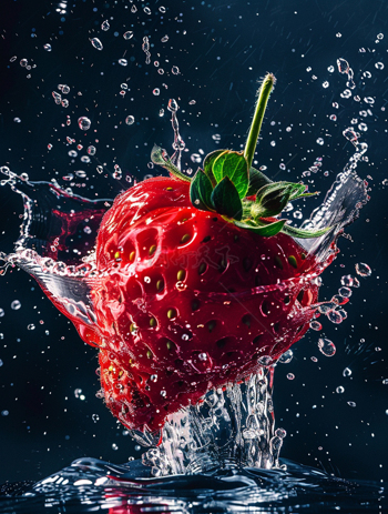 强大的液体爆炸鲜红草莓水珠四溅