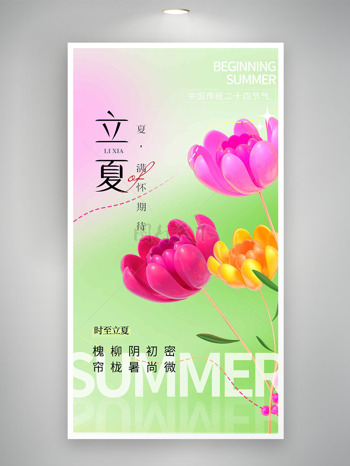 红黄明亮花朵插画立夏节气海报