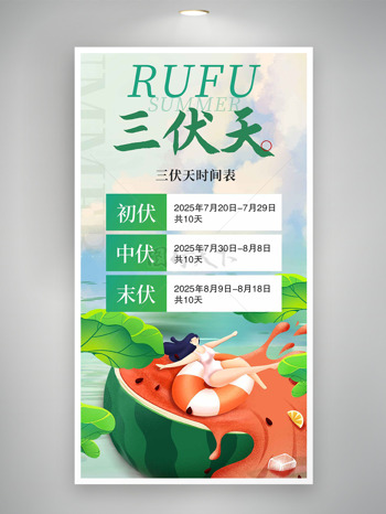 创意卡通手绘西瓜人物插画三伏天时间表海报