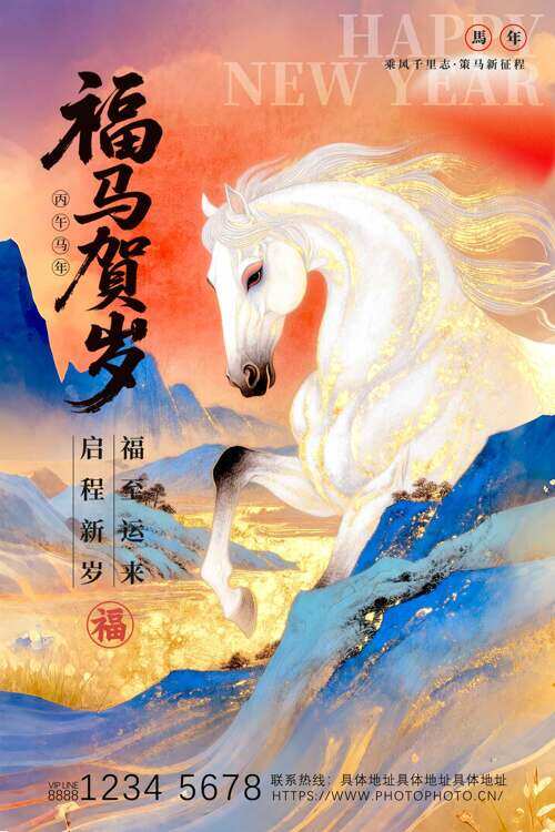 福马贺岁创意国潮山水背景马年大吉海报